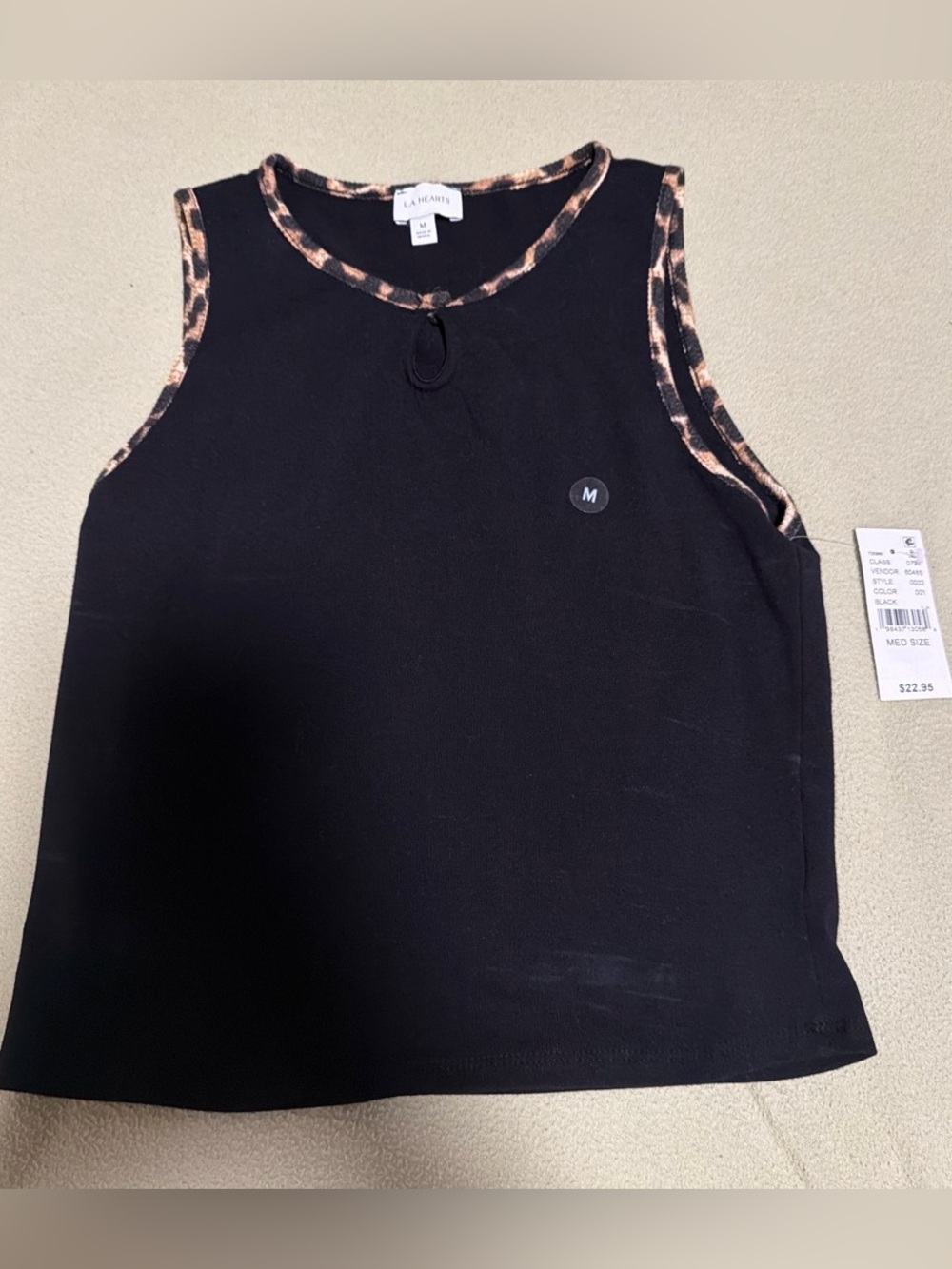 La Hearts Black Tank with Leopard-Trim Scoop Neck